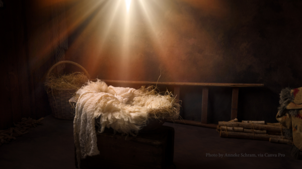 An empty manger bed in a dark stable, with the light of the Christmas star shining above it.