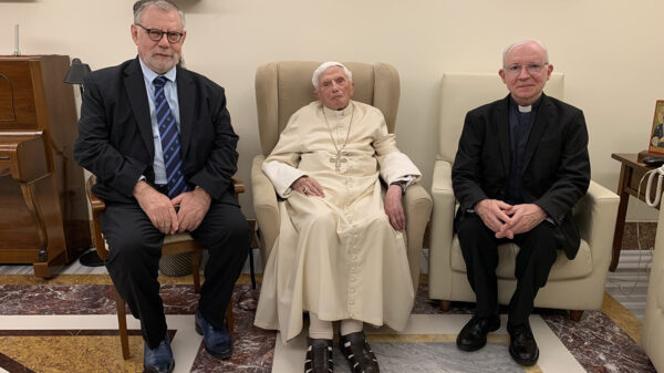 Pope Emeritus Benedict XVI with Ratzinger prize winners Joseph H. H. Weiler (on left) and Jesuit Father Michel Fédou, professor of dogmatic theology and patristics at the Centre Sèvres of Paris (on right). Photo taken December 1, 2022.