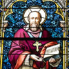 A stained glass image of St. Francis de Sales on the campus of The Catholic University of America in Washington D.C.